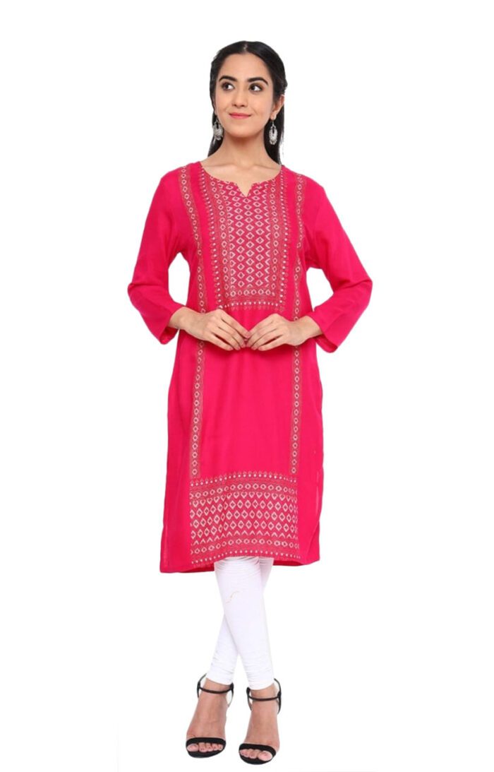 Ishitva Ladies Printed Kurti (Below Knee Length) – Only Top. Fabric : Rayon Without lining.