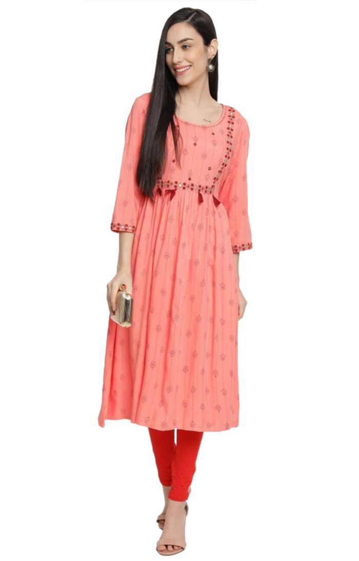 Aabta Ladies Printed Kurti (Below Knee Length) – Only Top. Fabric : Rayon Without lining.