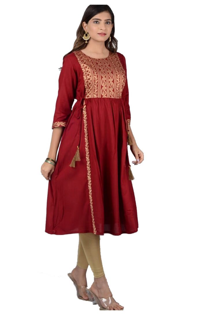 Dhuni Ladies Printed Kurti (Below Knee Length) – Only Top. Fabric : Rayon Without lining.