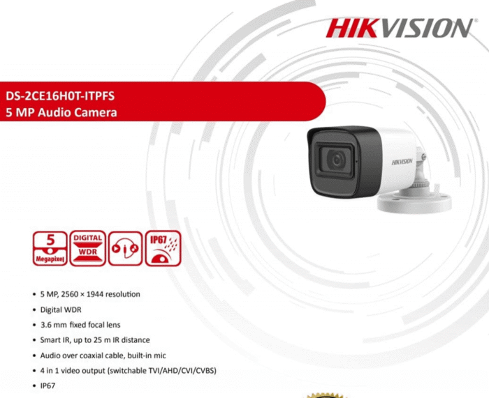 Hikvision 5 MP Outdoor Bullet CCTV Camera with inbuilt Audio Mic IP67 DS-2CE16H0T-ITPFS + USEWELL BNC/DC, White - Image 4
