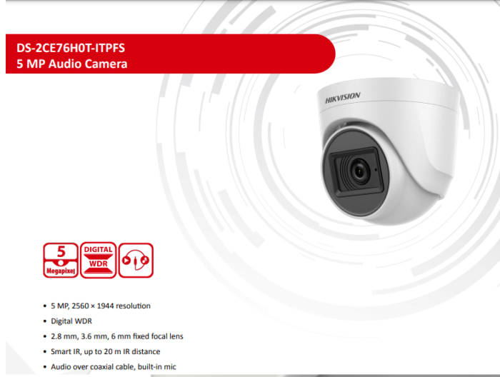 HIKVISION DS-2CE76H0T-ITPFS Ultra-HD IR CCTV Dome Camera, 5MP - Image 2