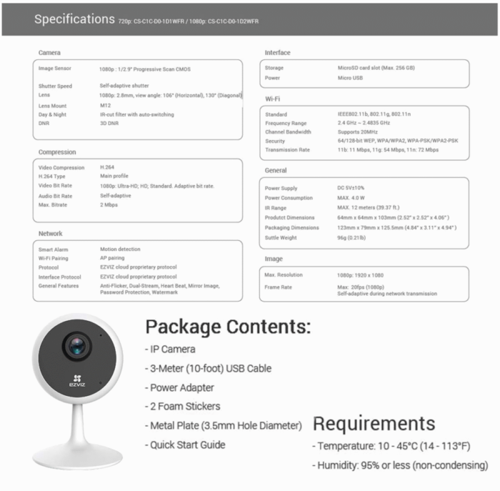 OSS Hikvision Ezviz 2 MP C1C HD Resolution Indoor Wi-Fi 1080p Camera- D0-1D2WFR - Image 2