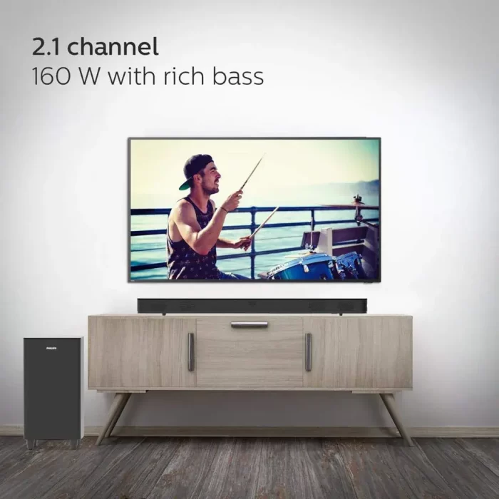 Philips Audio HTL8162 2.1CH 160W Bluetooth Soundbar with Wireless Subwoofer, HDMI ARC, Metal Grille, Glass Top & Touch Control (Black) - Image 3