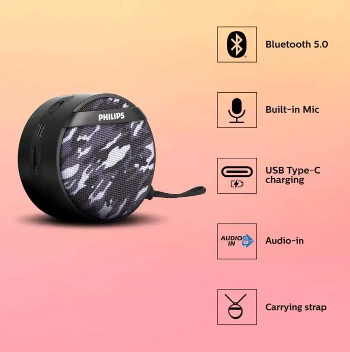 PHILIPS BT2003GY/94 3 W Mini Portable Bluetooth Speaker with Multi-Connectivity Modes, Built-in Mic, Rapid Charging (Type-C Charger) and Carrying Strap (Gray Camouflage) - Image 5