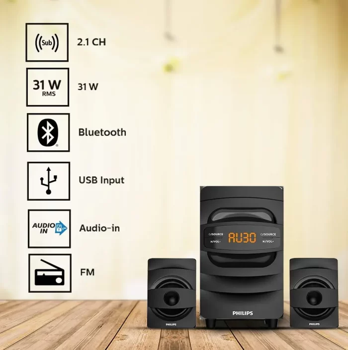 Philips Audio MMS2625B 38 W 2.1 Channel Wireless Bluetooth, Wired Multimedia Computer Speaker - Black - Image 4