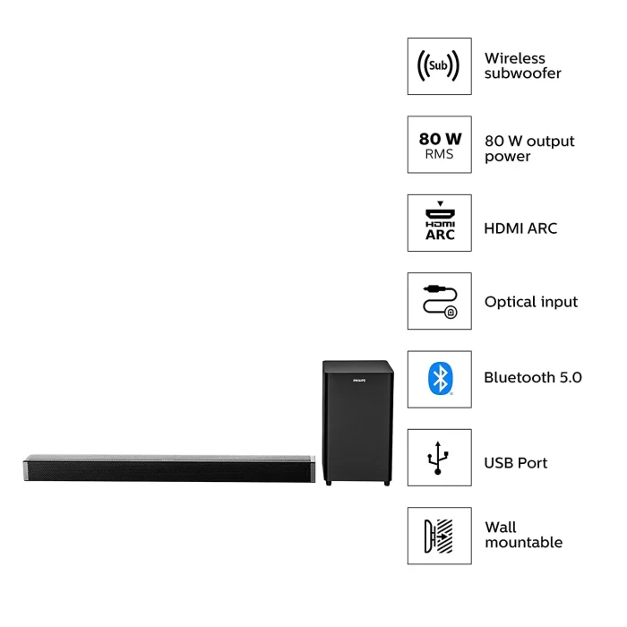 Philips Audio HTL4080/94 80w 5.0 Channel Wireless;HDMI soundbar Speaker,Black - Image 5