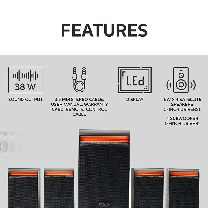 Philips Audio SPA8140B/94 40 W 4.1 Channel Wireless, Usb, Bluetooth Multimedia Speaker System, Black - Image 4
