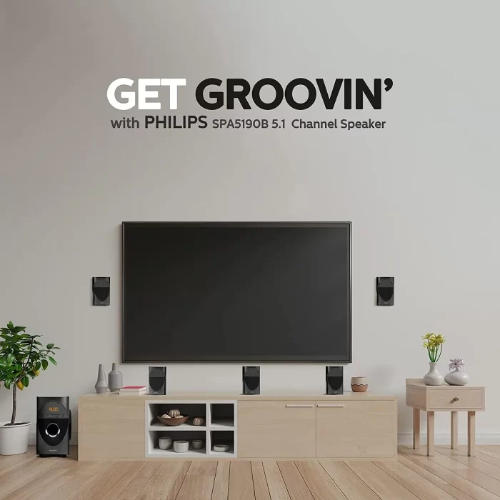 Philips Audio in-SPA 5190B/94 5.1 Channel 90W Multimedia Bluetooth Speaker System with 5x10W Satellite Speakers, LED Display, 40W Subwoofer & Multi-Connectivity Options (Black) - Image 4