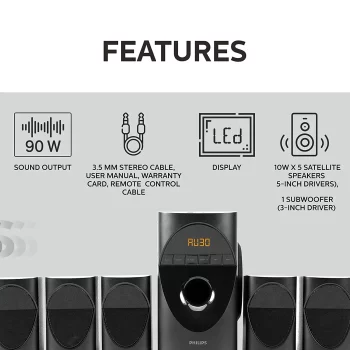 Philips Audio in-SPA 5190B/94 5.1 Channel 90W Multimedia Bluetooth Speaker System with 5x10W Satellite Speakers, LED Display, 40W Subwoofer & Multi-Connectivity Options (Black) - Image 2