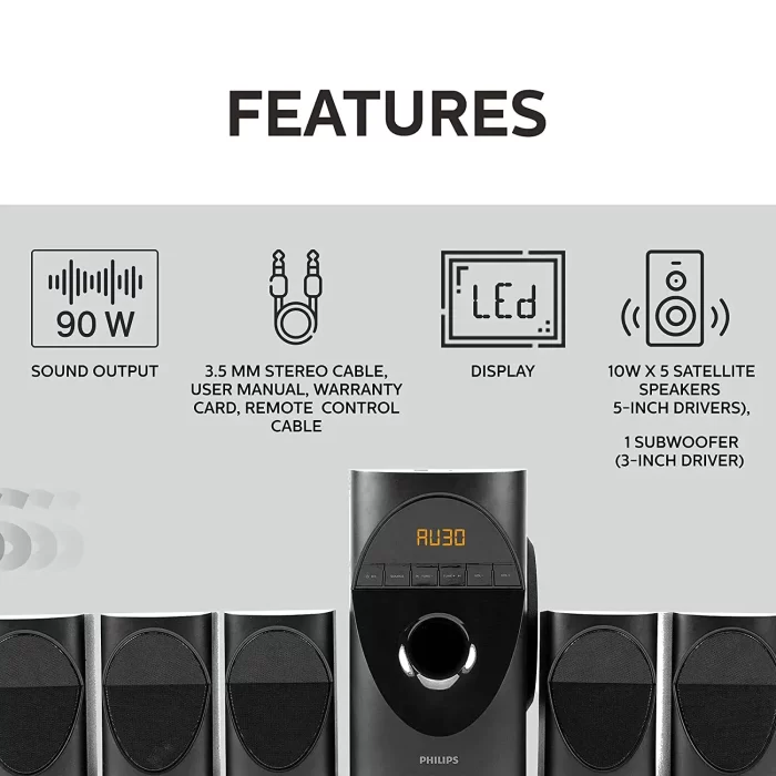Philips Audio in-SPA 5190B/94 5.1 Channel 90W Multimedia Bluetooth Speaker System with 5x10W Satellite Speakers, LED Display, 40W Subwoofer & Multi-Connectivity Options (Black) - Image 2