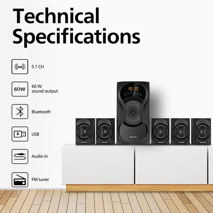 Philips Audio SPA5162B 60W 5.1 Channel USB Wired Speaker Systems - Black - Image 6