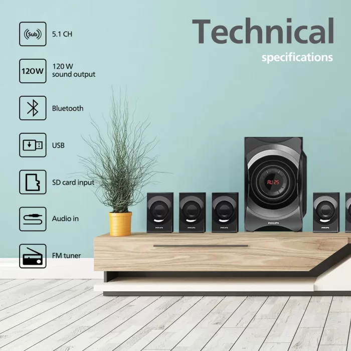 Philips Audio SPA8000B/94 5.1 Channel 120W Multimedia Speaker System with Bluetooth, 5x15W Satellite Speakers, LED Display, Robust Design & Matte Finish (Black) - Image 6