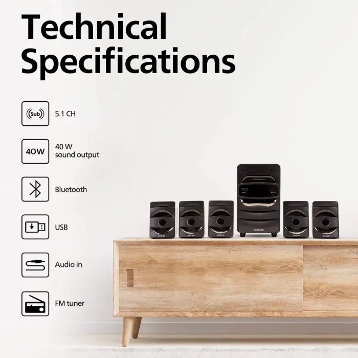 Philips Audio SPA5128B 5.1 CH 40W Bluetooth Multimedia Speakers (Black) - Image 2