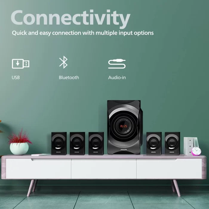 Philips Audio SPA8000B/94 5.1 Channel 120W Multimedia Speaker System with Bluetooth, 5x15W Satellite Speakers, LED Display, Robust Design & Matte Finish (Black) - Image 5