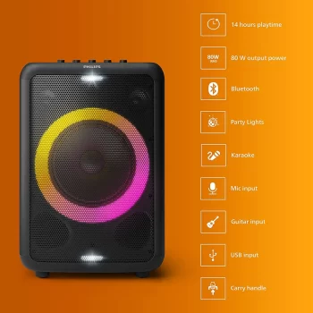 Philips Audio TAX3206 80 W Bluetooth Party Speaker with 14 Hours Play Time, Karaoke Features, Guitar and Mic Input, Party Lights and Carry Handle, Black - Image 7