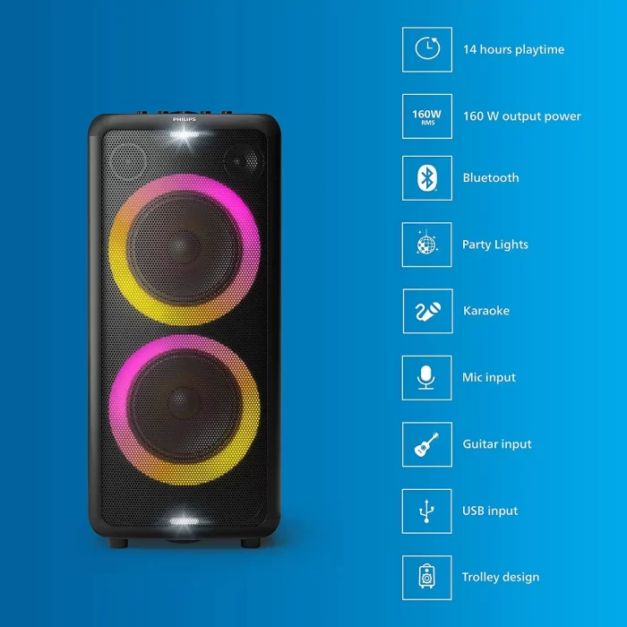 Philips Audio TAX5206 160 W Bluetooth Party Speaker with 14 Hours Play Time, Karaoke Features, Guitar and Mic Input, Party Lights and Trolley Design with Wheels, Black - Image 8