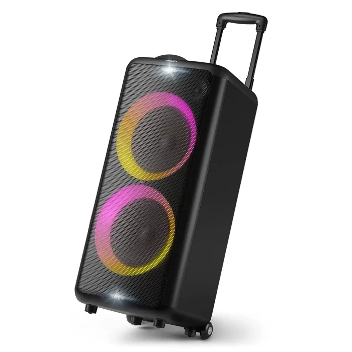 Philips Audio TAX5206 160 W Bluetooth Party Speaker with 14 Hours Play Time, Karaoke Features, Guitar and Mic Input, Party Lights and Trolley Design with Wheels, Black