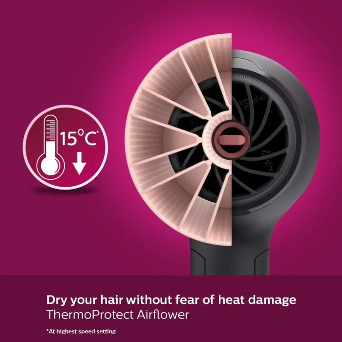 Philips Professional Hair Dryer BHD356/10 2100 Watts Thermoprotect Air Flower Advanced Ionic Care 6 Heat & Speed Settings-Black - Image 5