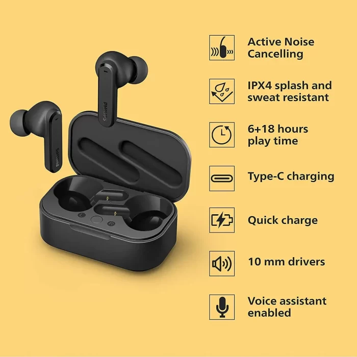 Philips Audio Tws TAT4506 Bluetooth Truly Wireless In Ear Earbuds With Mic With Active Noise Cancellation, 24 Hrs Playtime (6+18), Ipx4, Touch Controls, C-Type Charging (Black) - Image 6
