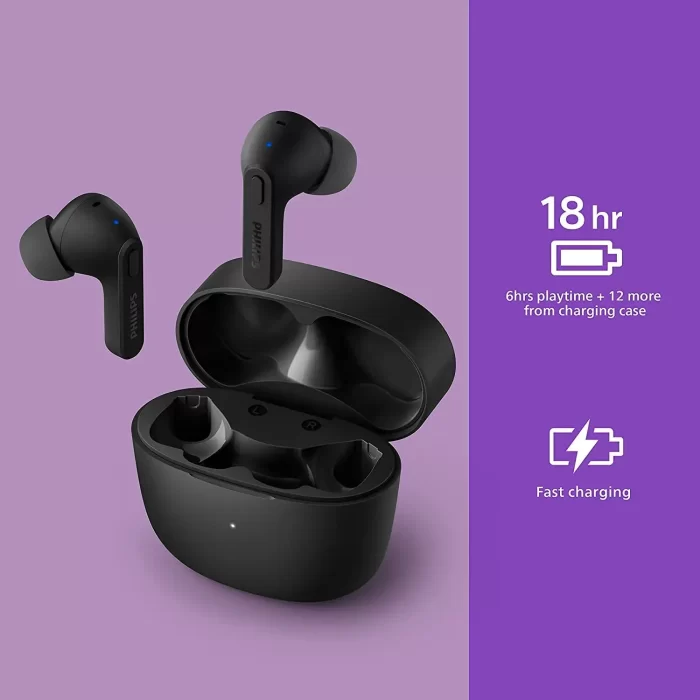 Philips Audio TWS TAT2206 True Wireless in Ear Earbuds with IPX4 Water Resistance, 18 Hour Playtime (6+12), C-Type Charging and Voice Assistant (Black) - Image 2