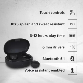 PHILIPS Audio TWS Bluetooth Truly Wireless in Ear Earbuds with Mic IPX5, Touch Control, 18 Hr Playtime (6+12), C-Type Charging (TAT1235, Black) - Image 4