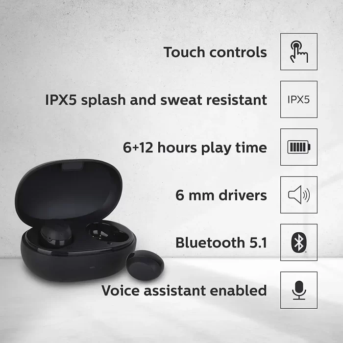 PHILIPS Audio TWS Bluetooth Truly Wireless in Ear Earbuds with Mic IPX5, Touch Control, 18 Hr Playtime (6+12), C-Type Charging (TAT1235, Black) - Image 4