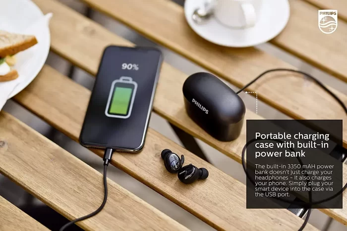Philips Audio Tws SHB2515 Bluetooth Truly Wireless In Ear Earbuds With Mic, 110+ Hr Playtime (5+110), 3350 Mah Power Bank, 6 Mm Drivers, Voice Assistant (Black) - Image 4