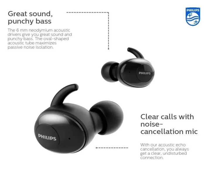 Philips Audio Tws SHB2515 Bluetooth Truly Wireless In Ear Earbuds With Mic, 110+ Hr Playtime (5+110), 3350 Mah Power Bank, 6 Mm Drivers, Voice Assistant (Black) - Image 3