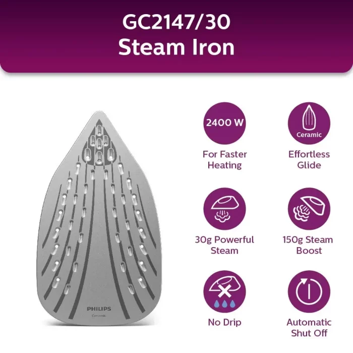 Philips steam iron EasySpeed Plus Steam Iron GC2147/30-2400W, Quick Heat up with up to 30 g/min steam, 150g steam Boost, Scratch Resistant Ceramic Soleplate, Vertical steam, Drip-Stop - Image 6