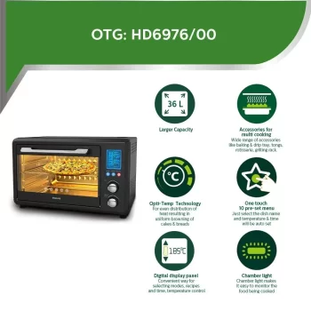 Philips HD6976/00 36-liters Digital Oven Toaster Grill, 2000W, with Opti Temp Technology, Temperature control, Convection Mode, 7-level browning function & preset Indian Menus - Image 6