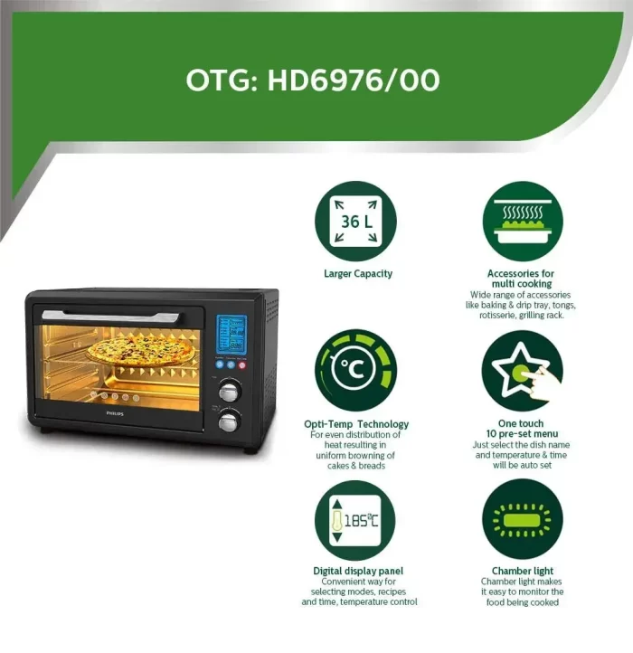 Philips HD6976/00 36-liters Digital Oven Toaster Grill, 2000W, with Opti Temp Technology, Temperature control, Convection Mode, 7-level browning function & preset Indian Menus - Image 6