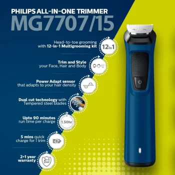 Philips Multi Grooming Kit MG7707/15, 12-in-1, Face, Head and Body - All-in-one Trimmer. Power adapt technology for precise trimming, 90 Mins Run Time with Quick Charge - Image 4