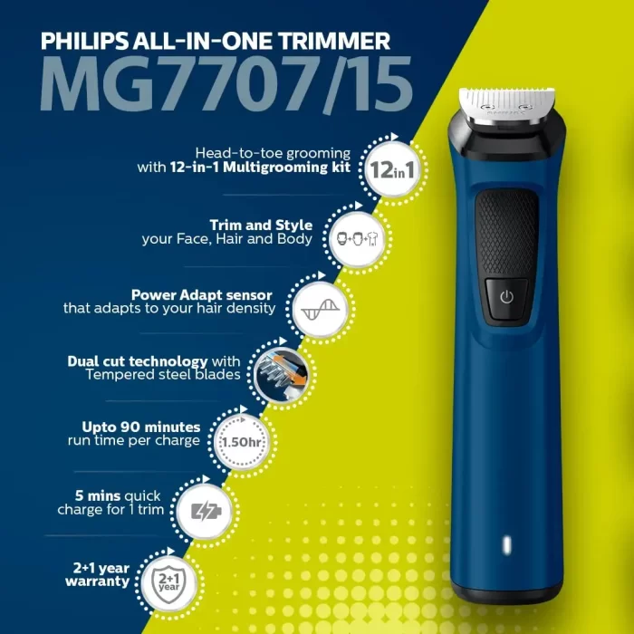 Philips Multi Grooming Kit MG7707/15, 12-in-1, Face, Head and Body - All-in-one Trimmer. Power adapt technology for precise trimming, 90 Mins Run Time with Quick Charge - Image 4