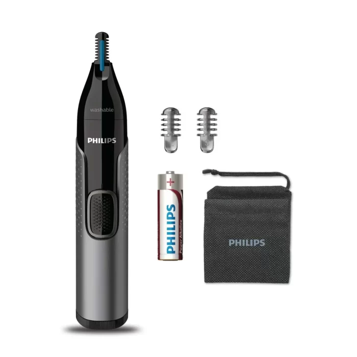Philips Nose Trimmer Nt3650/16, Cordless Nose, Ear & Eyebrow Trimmer with Protective Guard System, Fully Washable, Including AA Battery, 2 Eyebrow Combs, Pouch (Gray)