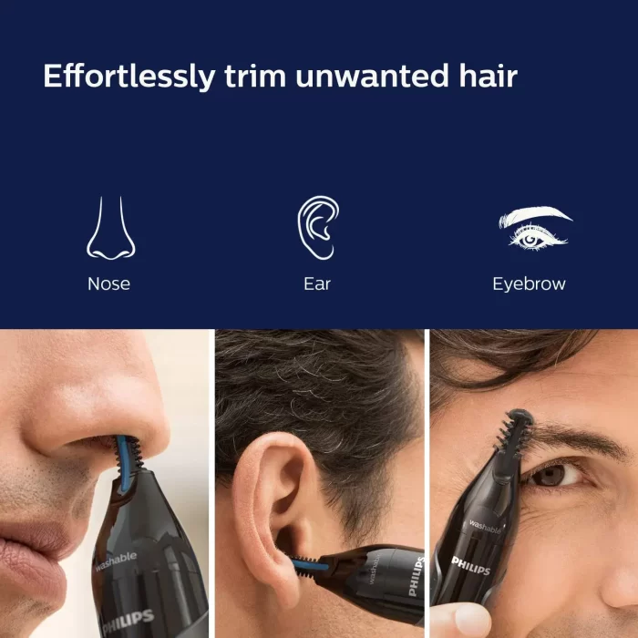 Philips Nose Trimmer Nt3650/16, Cordless Nose, Ear & Eyebrow Trimmer with Protective Guard System, Fully Washable, Including AA Battery, 2 Eyebrow Combs, Pouch (Gray) - Image 3