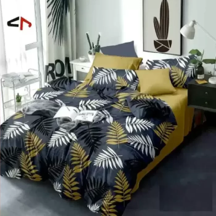 SJT 200 TC Cotton Double Floral Flat Bedsheet (220 x240 cm) Set with 2 pillow cover ( 46x69cm) (Pack of 1, Black Yellow White)