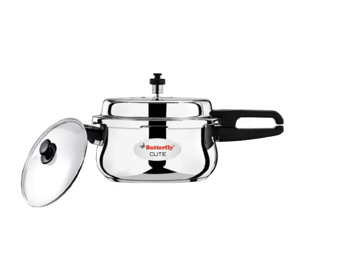 Butterfly Cute Stainless Steel Induction Base Outer Lid Pressure Cooker with Glass Lid (Silver, 2 Ltrs)