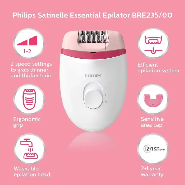 Philips BRE235/00 Corded Compact Epilator (White and Pink) for gentle hair removal at home - Image 8