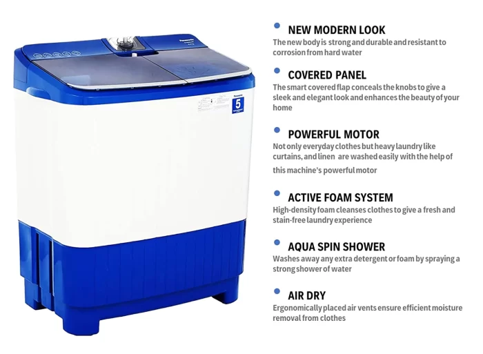 Panasonic 8 kg 5 Star Semi-Automatic Top Loading Washing Machine with Powerful Motor (NA-W80B5ARB, Blue, Active Foam System) - Image 6
