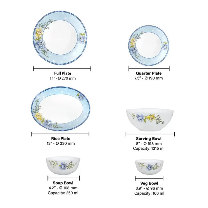 Larah by Borosil Kohinoor Blue Sapphire Opalware Dinner Set, Opal Glass Dinner Plates & Bowls, Crockery Set for Dining, 44 Pieces - Image 5