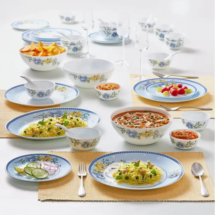 Larah by Borosil Kohinoor Blue Sapphire Opalware Dinner Set, Opal Glass Dinner Plates & Bowls, Crockery Set for Dining, 44 Pieces