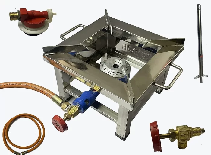 Helius Stainless Steel Single Burner Gas Bhatti Square (10 x 10 x 6)  , 6 feet Hydraulic Gas Pipe, 1 Foot Gas Lighter, Gas Valve with Full Fittings - High Pressure Stove
