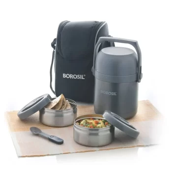 Borosil - Hot-N-Fresh Stainless Steel Insulated Lunch Box,1.3L, Grey Set of 2