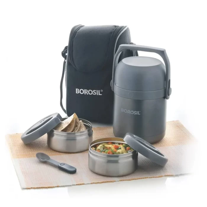 Borosil - Hot-N-Fresh Stainless Steel Insulated Lunch Box,1.3L, Grey Set of 2