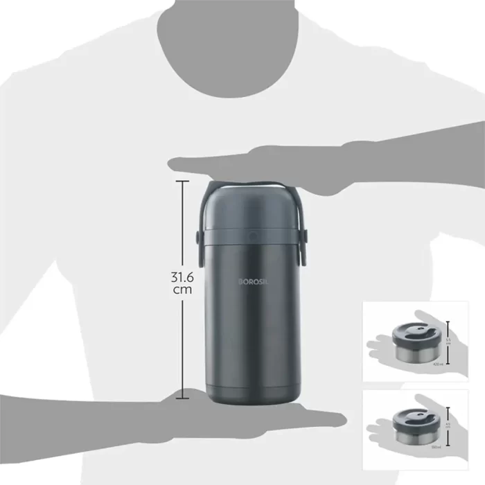 Borosil - Hot-N-Fresh Stainless Steel Insulated Lunch Box, Set of 4 (2pcs 350 ml + 2pcs 420 ml), Grey - Image 3