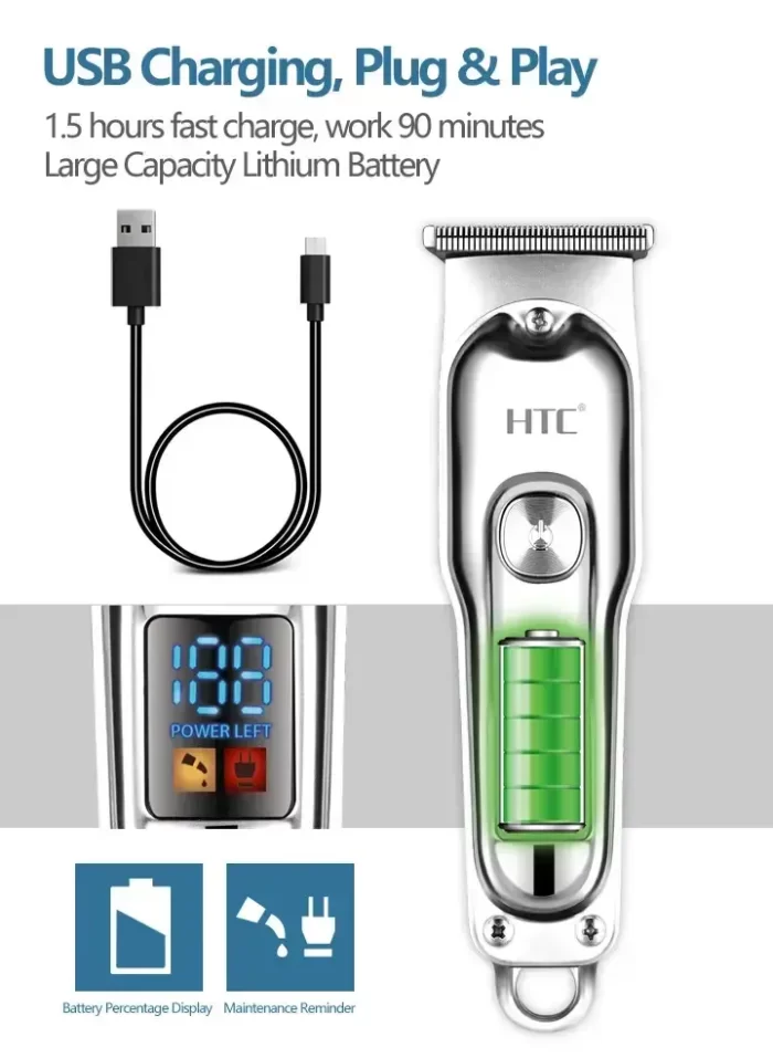 HTC AT 179 Professional rechargeable USB Cordless T Blade Hair Cutting Trimmer Clipper for Men - Image 7
