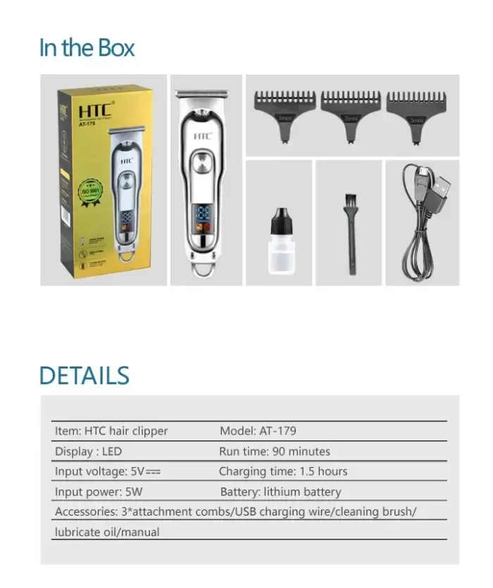 HTC AT 179 Professional rechargeable USB Cordless T Blade Hair Cutting Trimmer Clipper for Men - Image 10