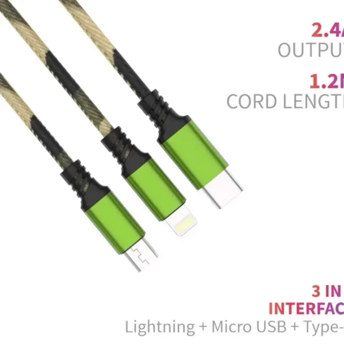 USB Type C Cable Multifunction Fast Charging Cable 3-in-1 USB Cable Micro USB/Type-C/iOS  (Compatible with All iOS, Android & Other Devices, Neon Green, One Cable) - Image 2