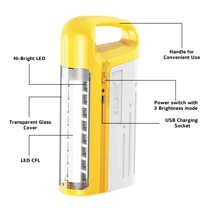 Castor 5423 Rechargeable Emergency Light/Lantern, High Bright LED, 3 Mode Operation - Yellow - Image 4