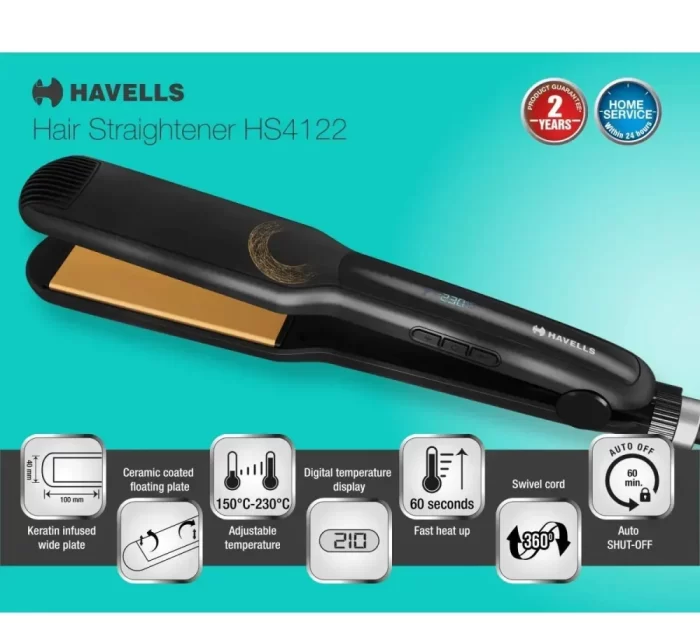 Havells HS4122 Keratin Wide Plate Hair Straightener with Digital Display & Adjustable Temperature; Heats Up Fast; for All Hair Types; Worldwide Voltage Compatible (Black) - Image 2